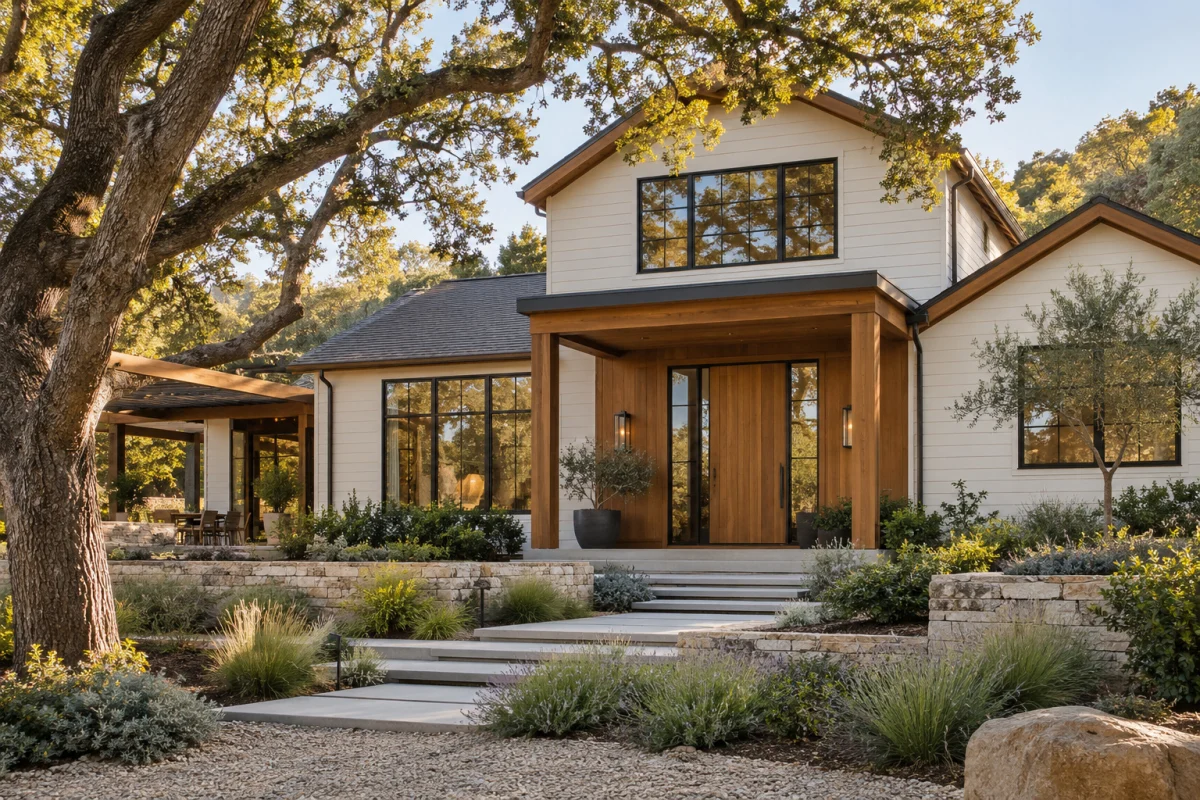 House with cream lap siding and cedar accents under oak trees