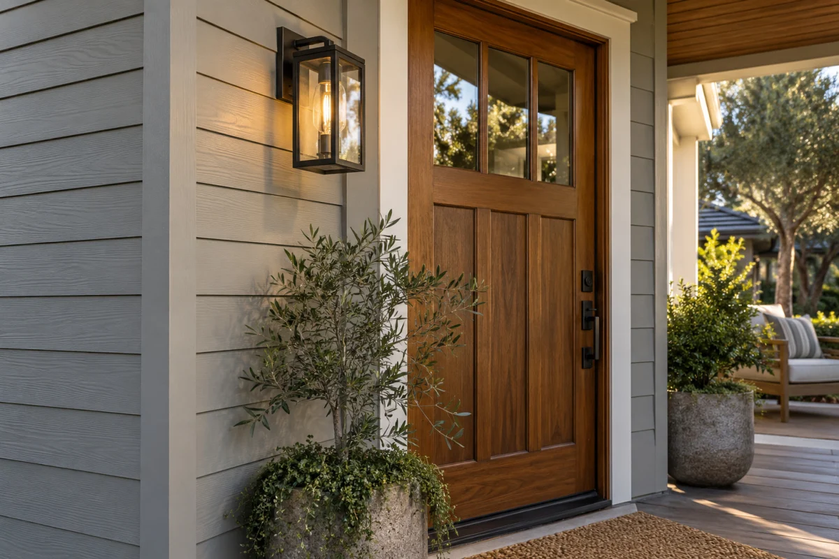 Gray lap siding with corner trim beside a wood front door
