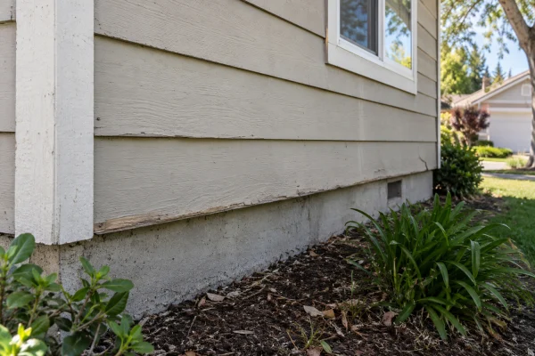 Worn siding with swollen lower edges near the foundation