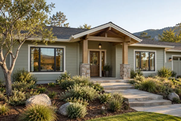 Single-story house with pale sage siding and a gabled porch