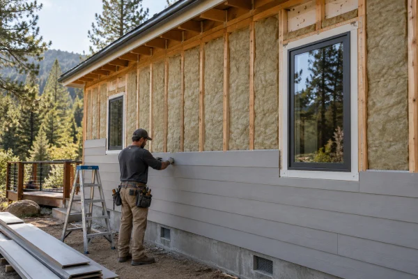 Worker installing siding over new wall insulation