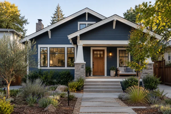 Craftsman bungalow with deep blue siding and a wood front door