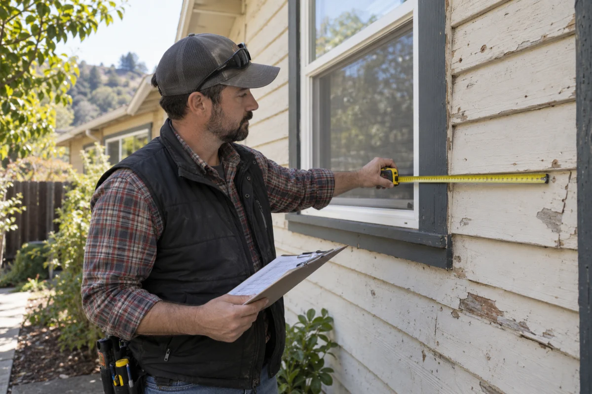 Man measuring a worn siding wall near a window