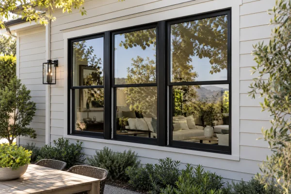 Black-framed windows in a light-colored siding wall