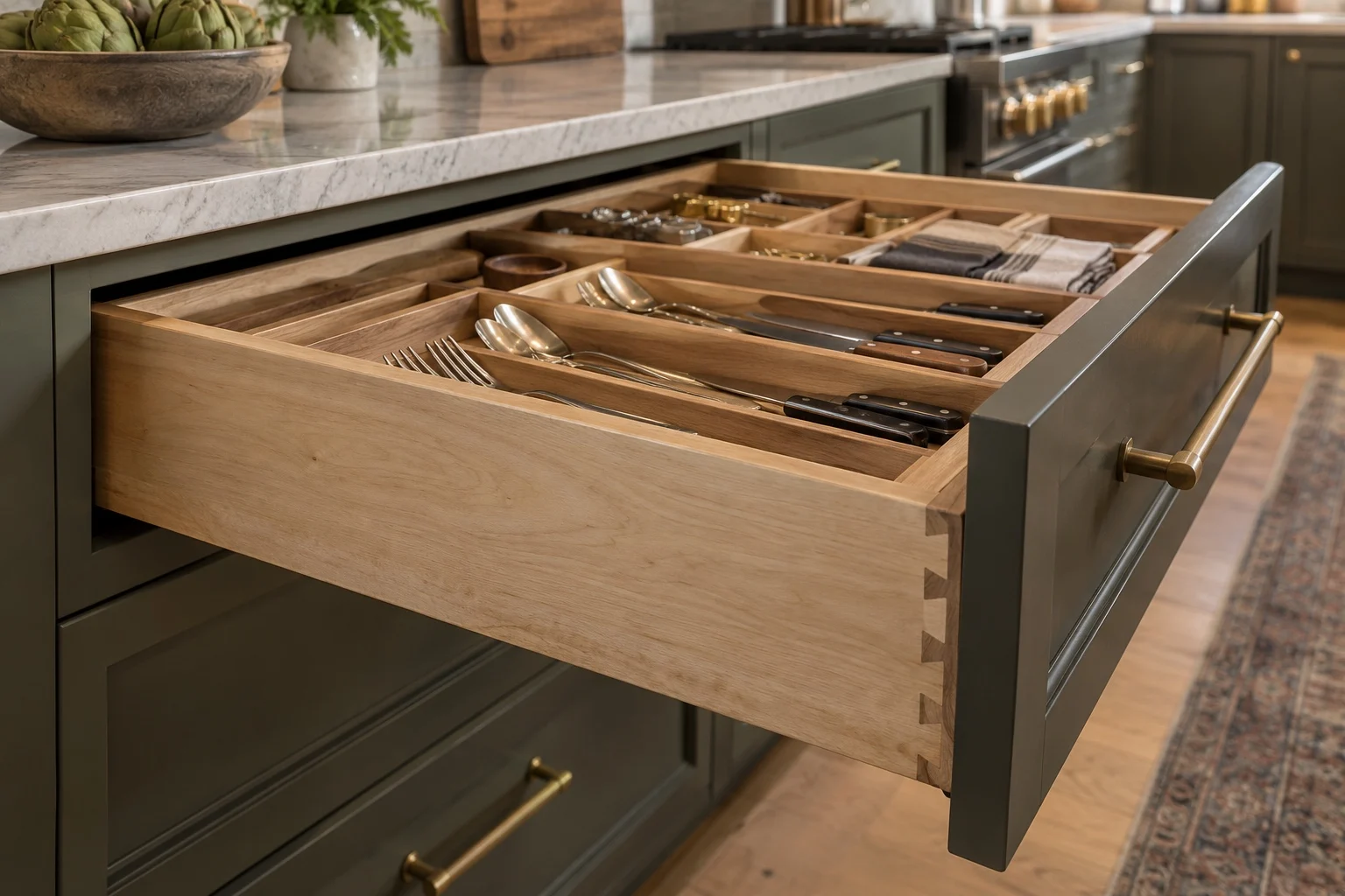 Open drawer with a wood utensil organizer