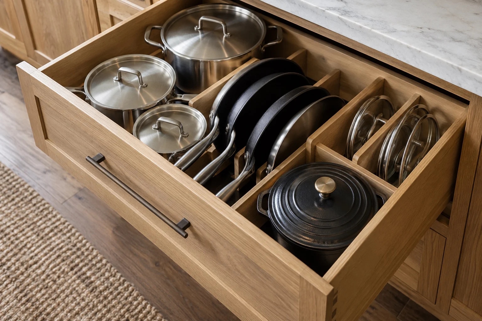 Deep drawer holding pots and pans