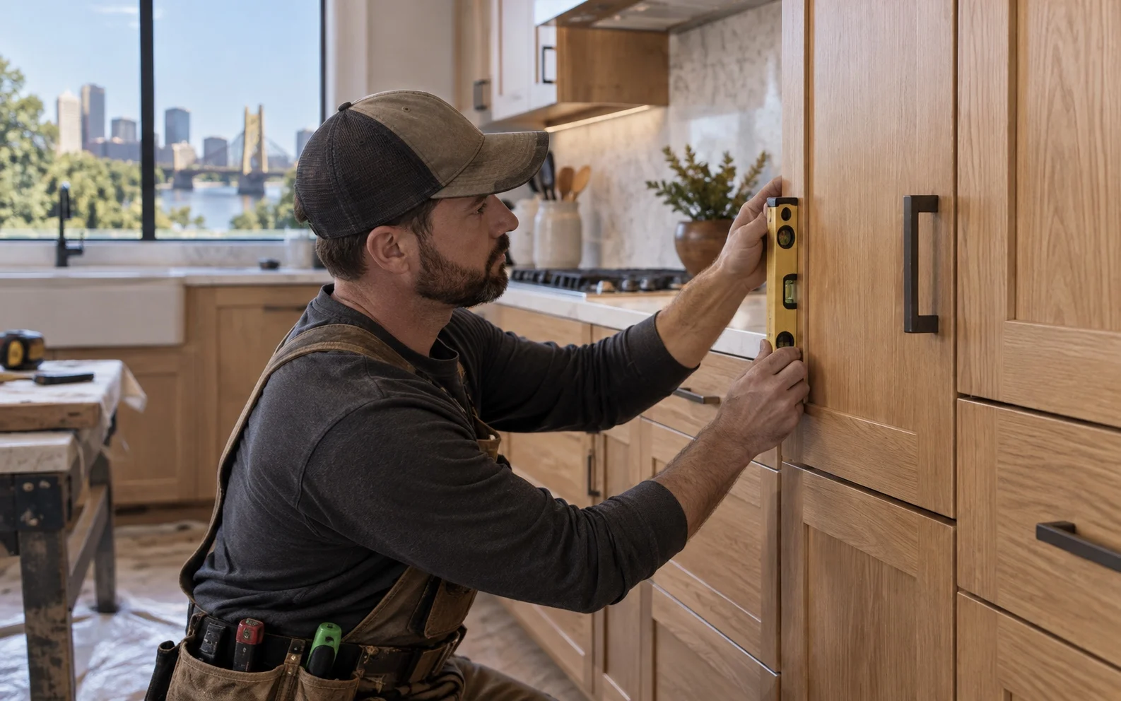 Finish carpenter checking oak cabinet alignment