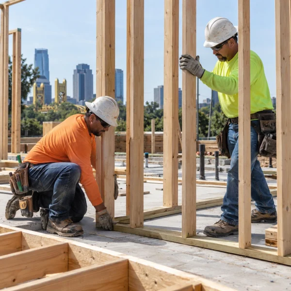 Framing crew fitting a timber wall