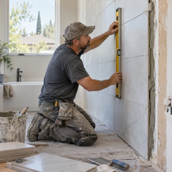 Tile installer checking wall tile alignment