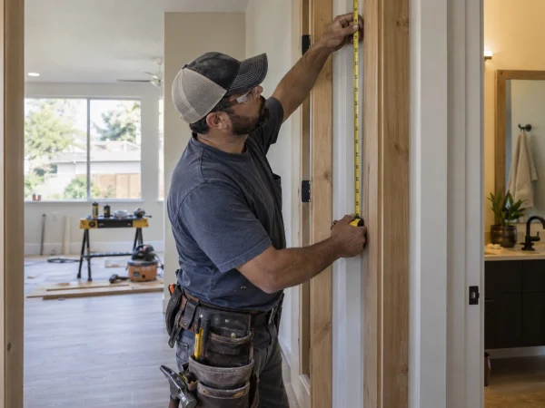 Carpenter measuring a door jamb