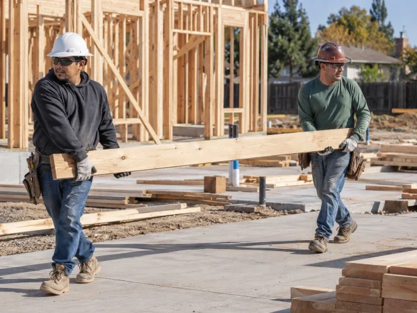 Field crew carrying lumber on a residential site