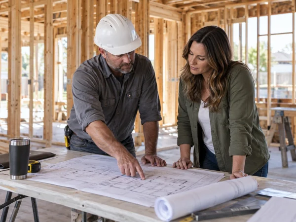Project manager reviewing drawings with a homeowner
