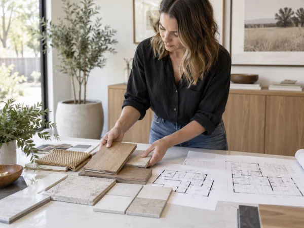 Designer selecting wood and tile materials