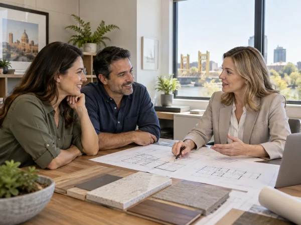 Remodeling consultant discussing plans with homeowners