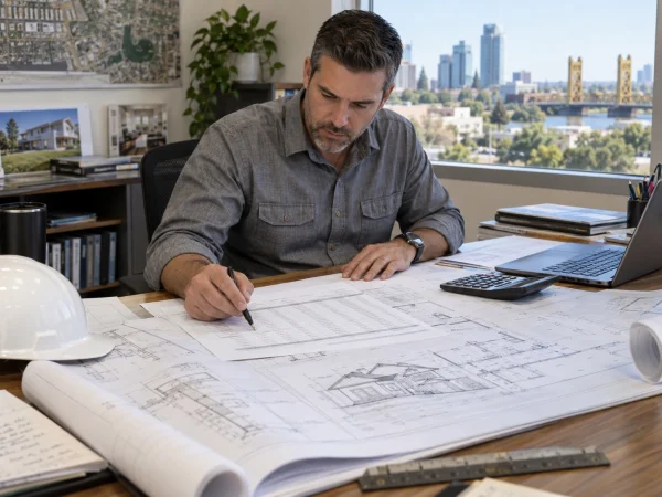 Estimator reviewing residential plans and quantities