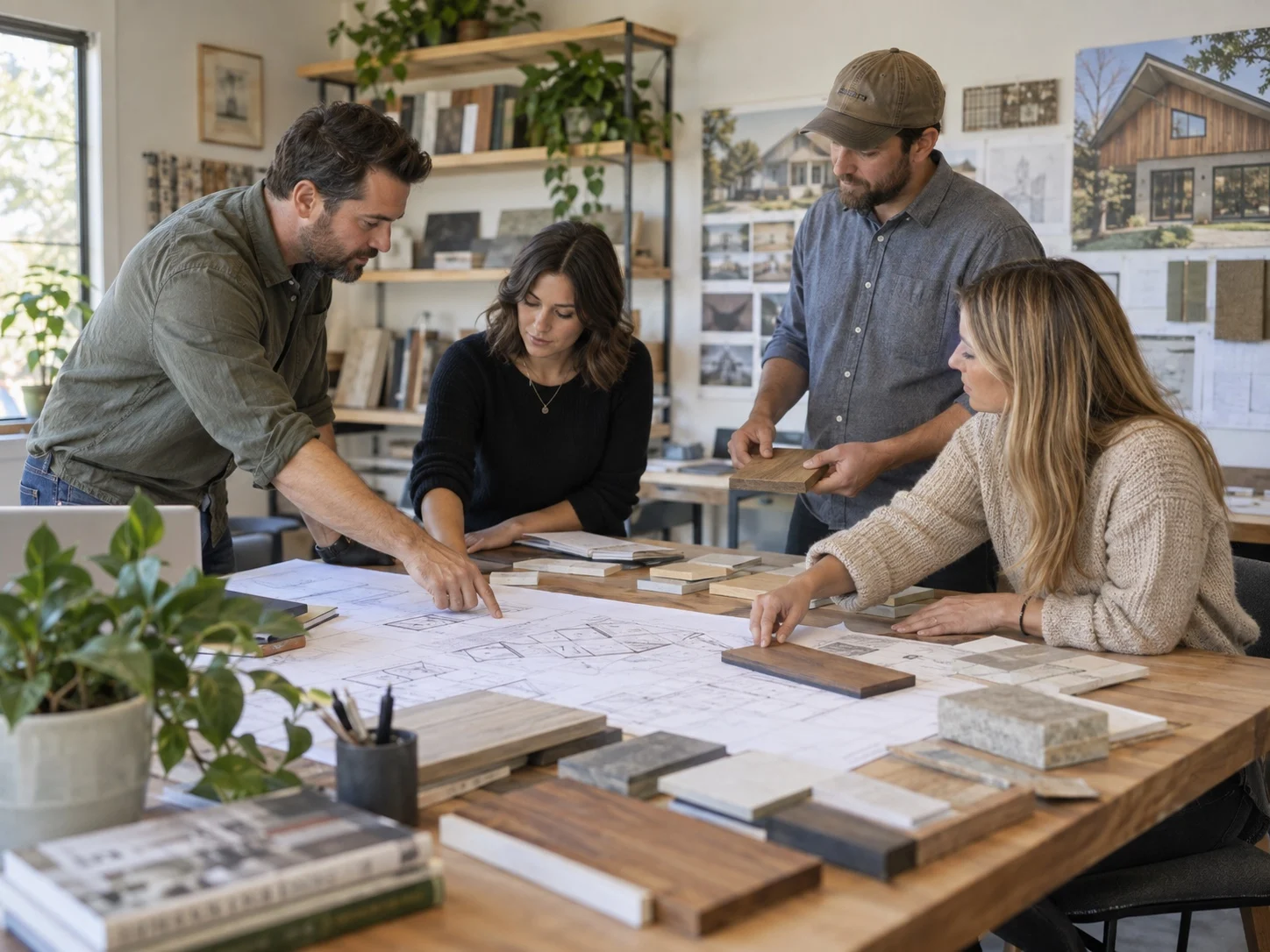 Design and construction team reviewing plans together