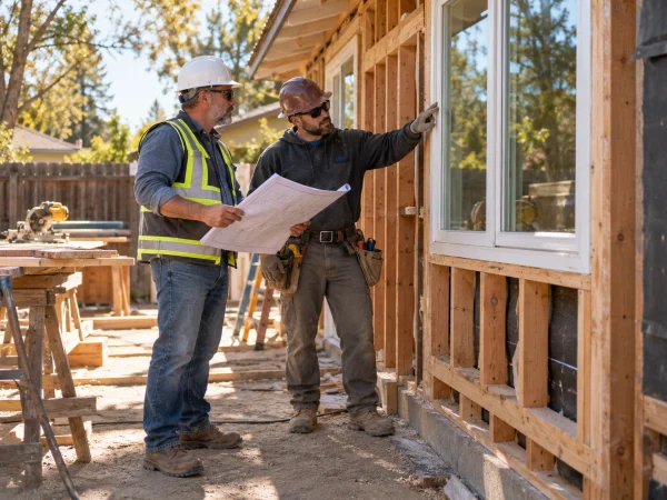 Supervisor and carpenter checking window framing