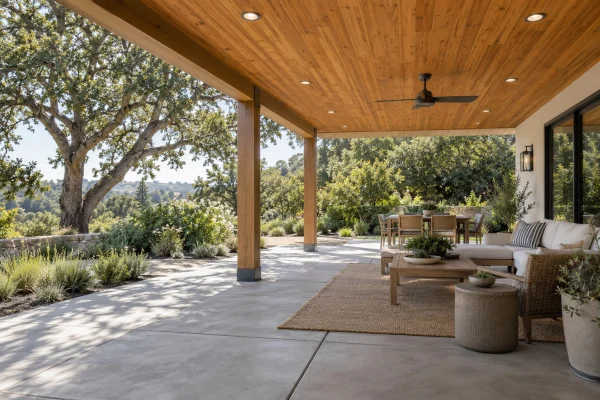 Covered patio with a wood ceiling and outdoor seating