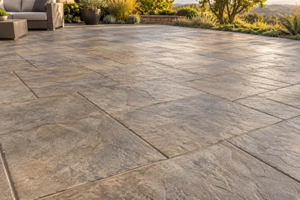 Stamped concrete patio with a warm gray stone pattern
