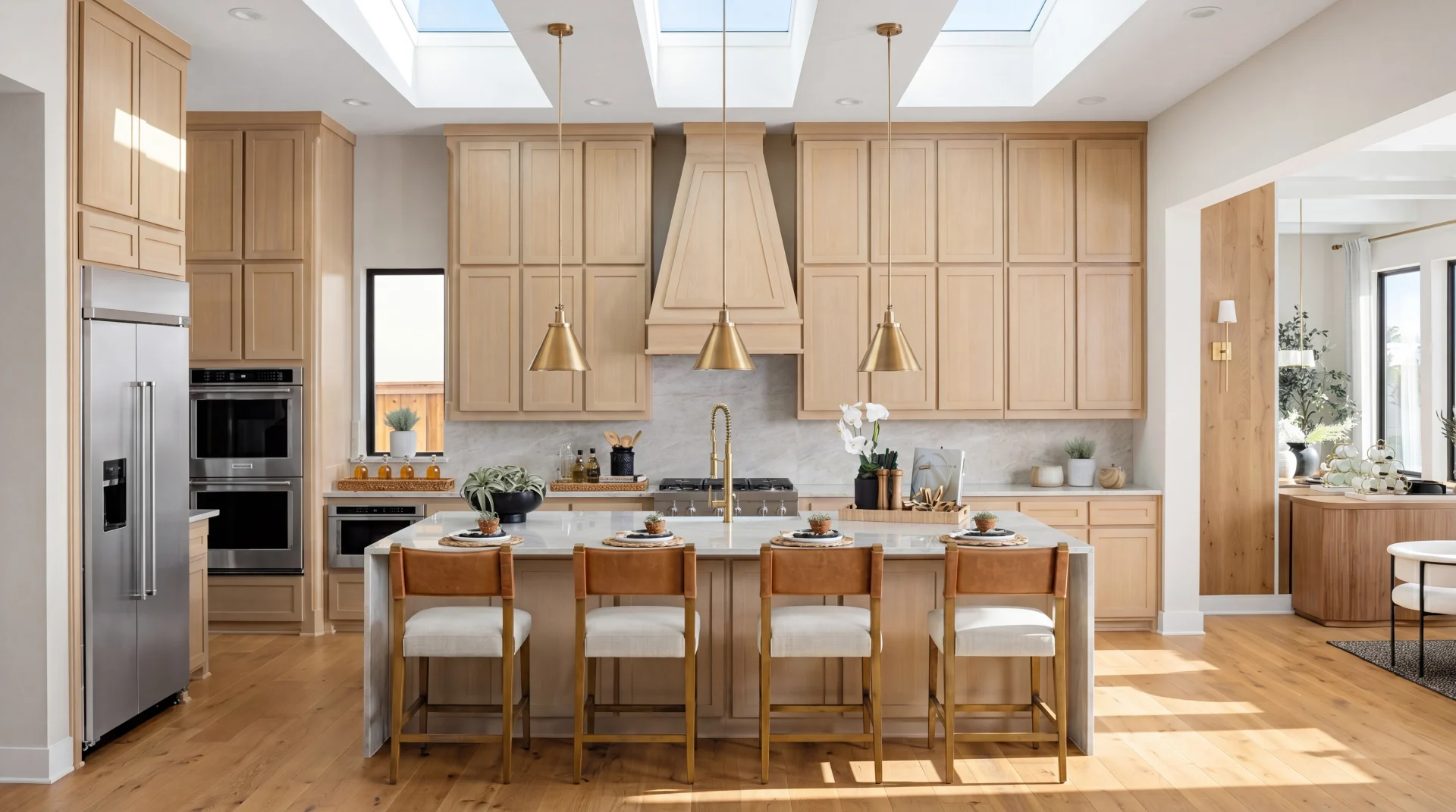 Kitchen with light wood cabinets, skylights and a large island