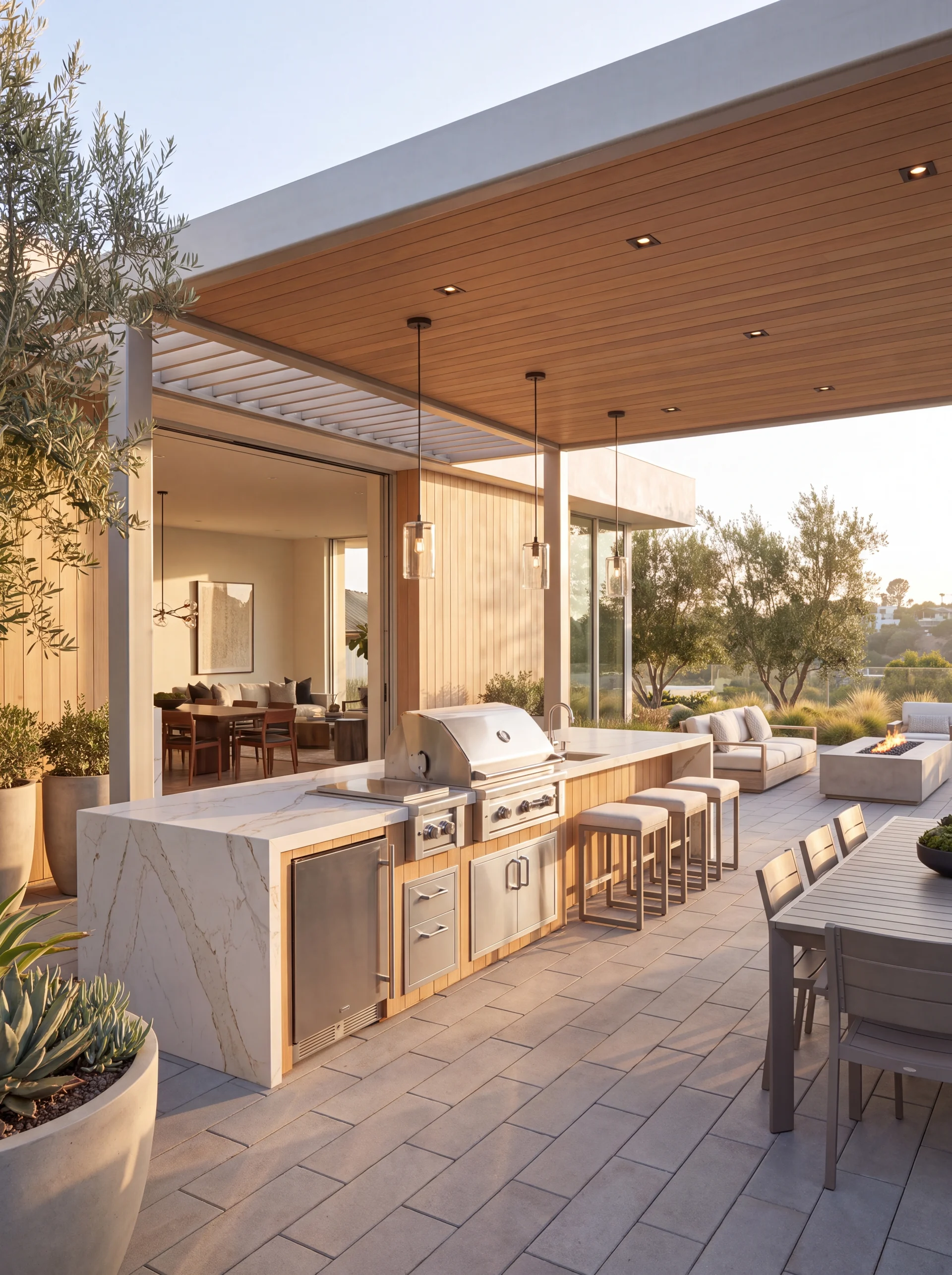 Covered patio with an outdoor kitchen and dining table