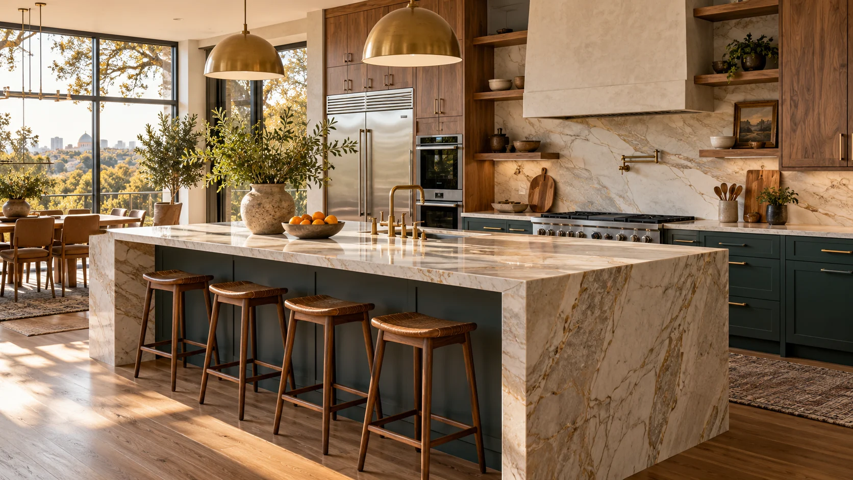 Kitchen design inspiration with walnut cabinets and a stone island