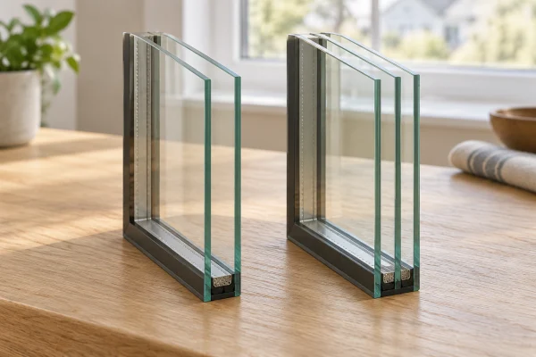 Two double-pane glass samples on a wood table