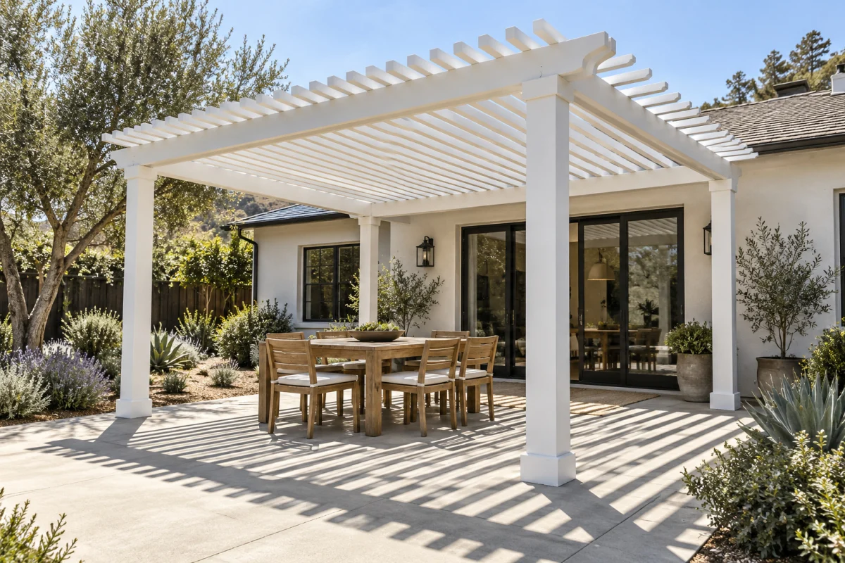 White pergola over a dining table on a concrete patio