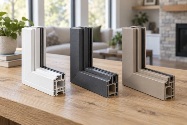Window frame corner samples in white, black and taupe