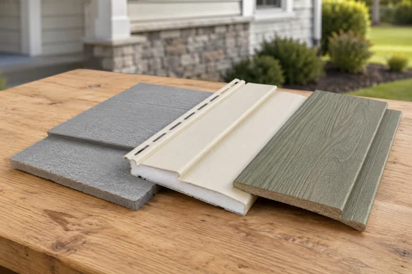 Three siding samples on a wood table