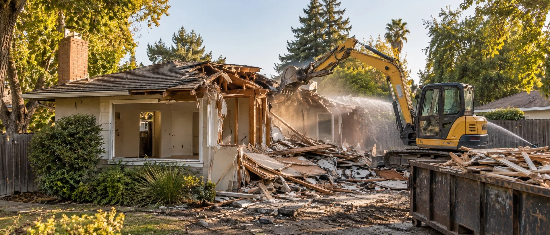 Excavator demolishing an old house