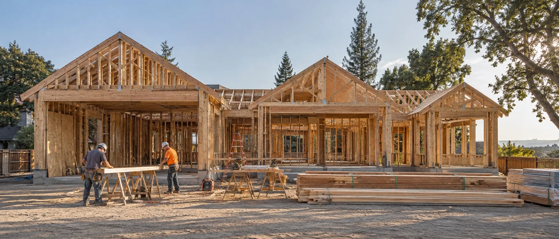Framing of a new single-story house under construction