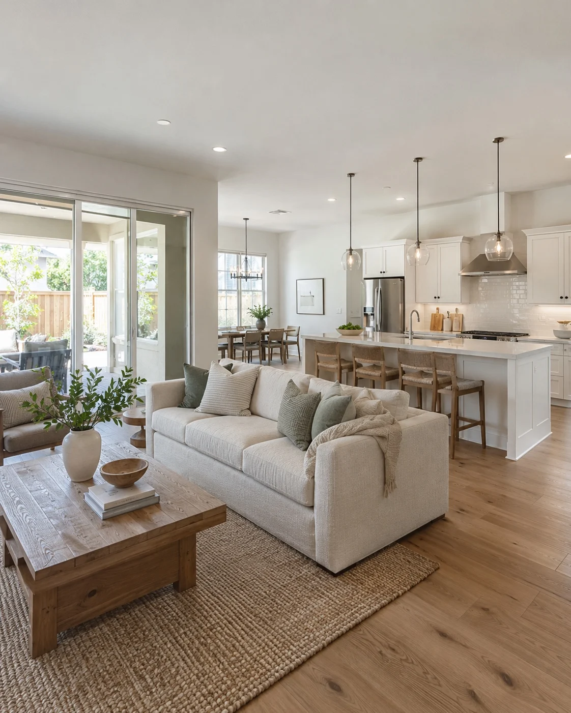 Open living room and kitchen with consistent practical finishes