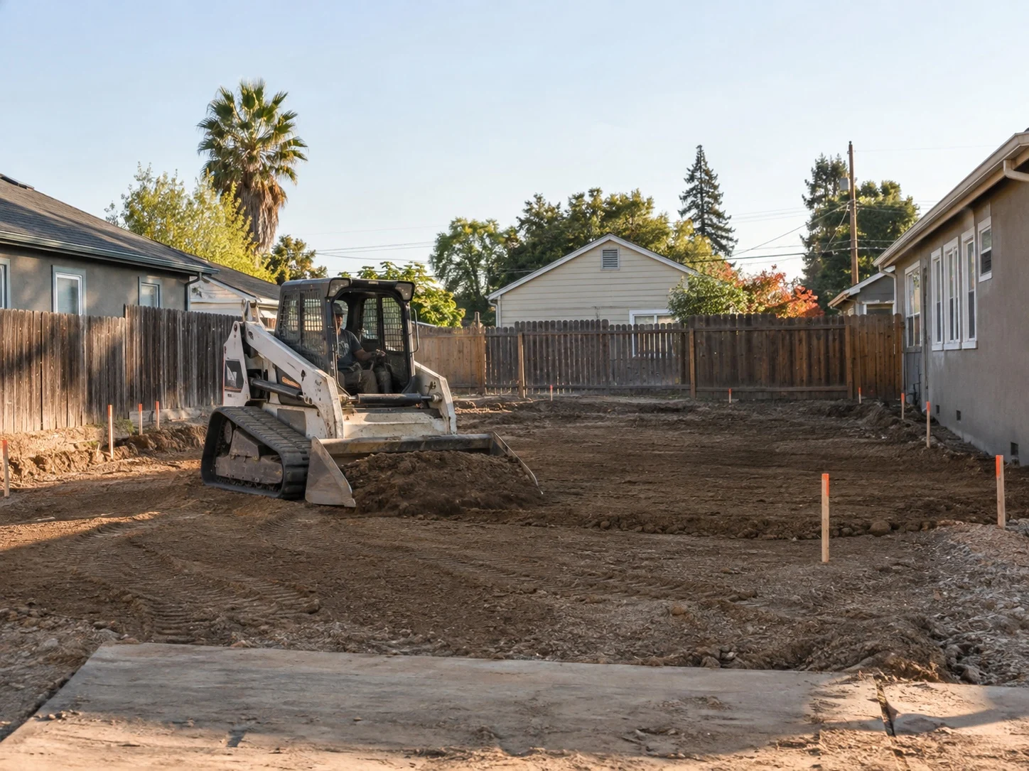 Compact loader grading a residential building lot