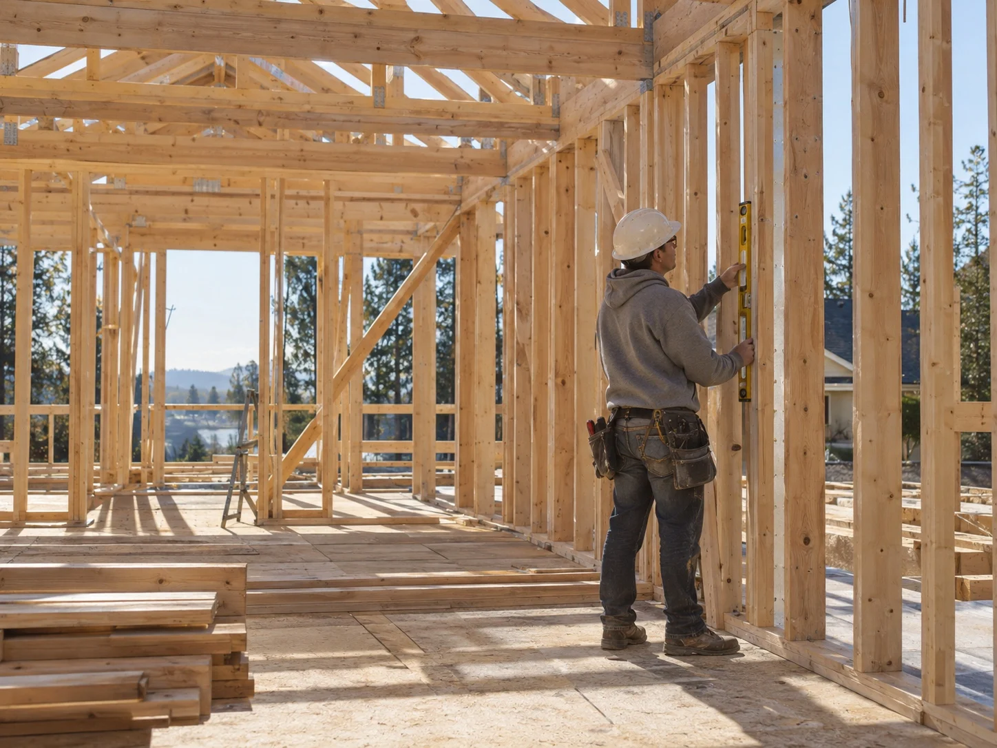 Carpenter checking timber wall framing in a new house