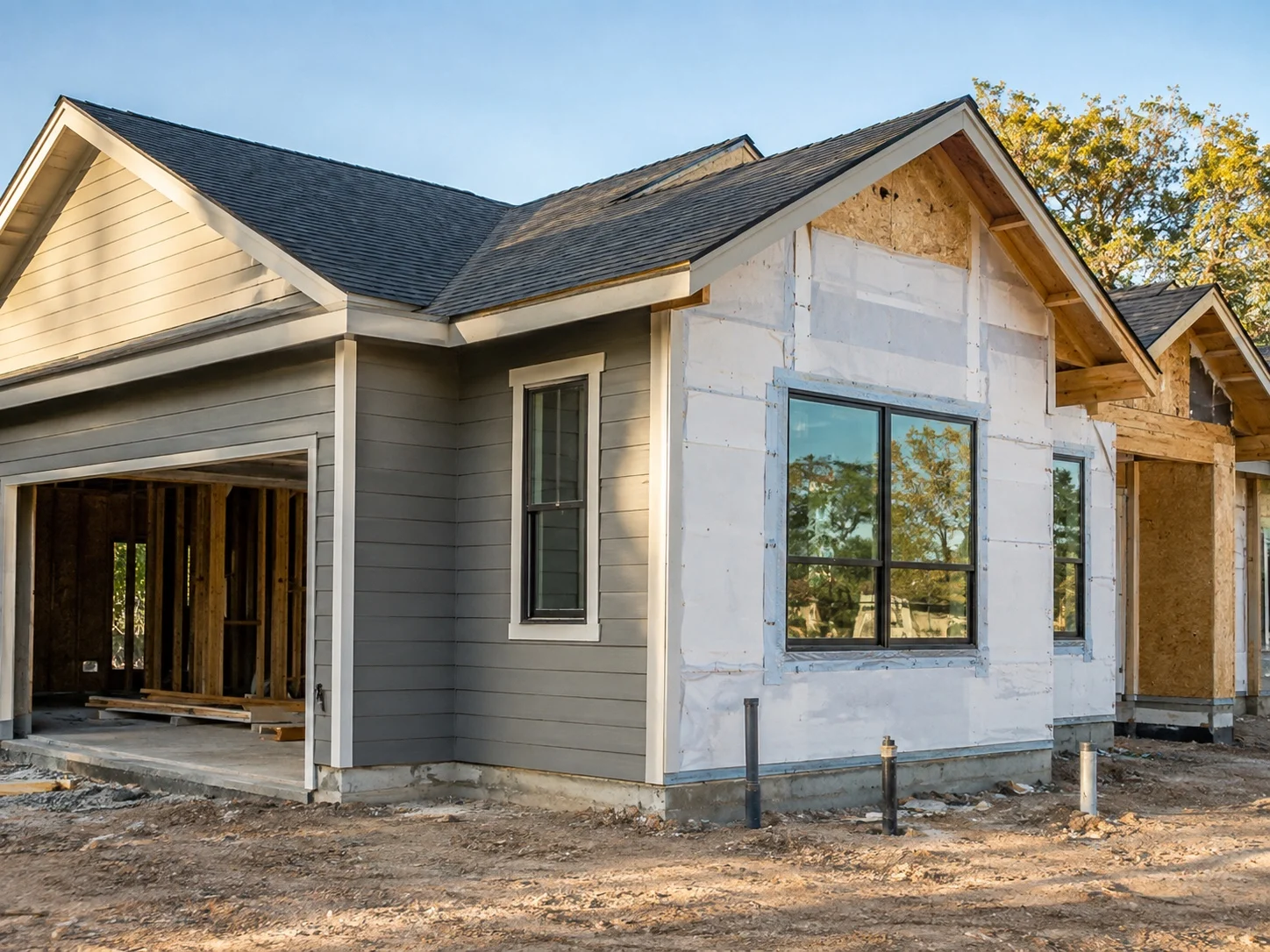 New home with roofing, siding and window weatherproofing in progress