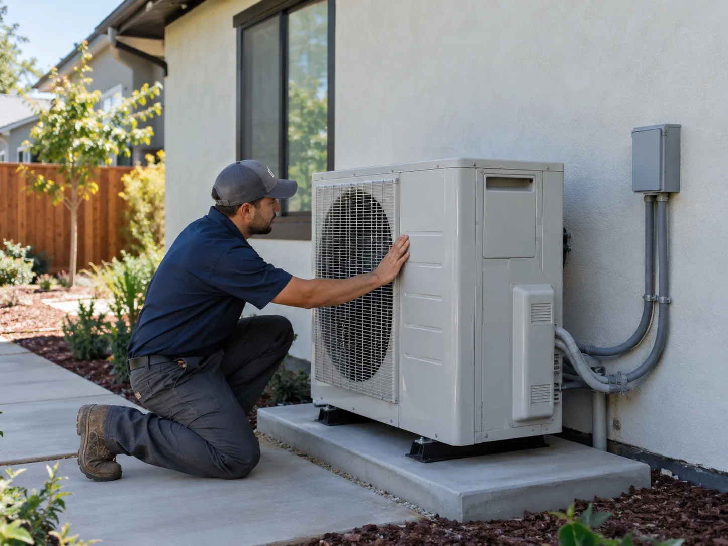 Technician checking a residential heat pump installation