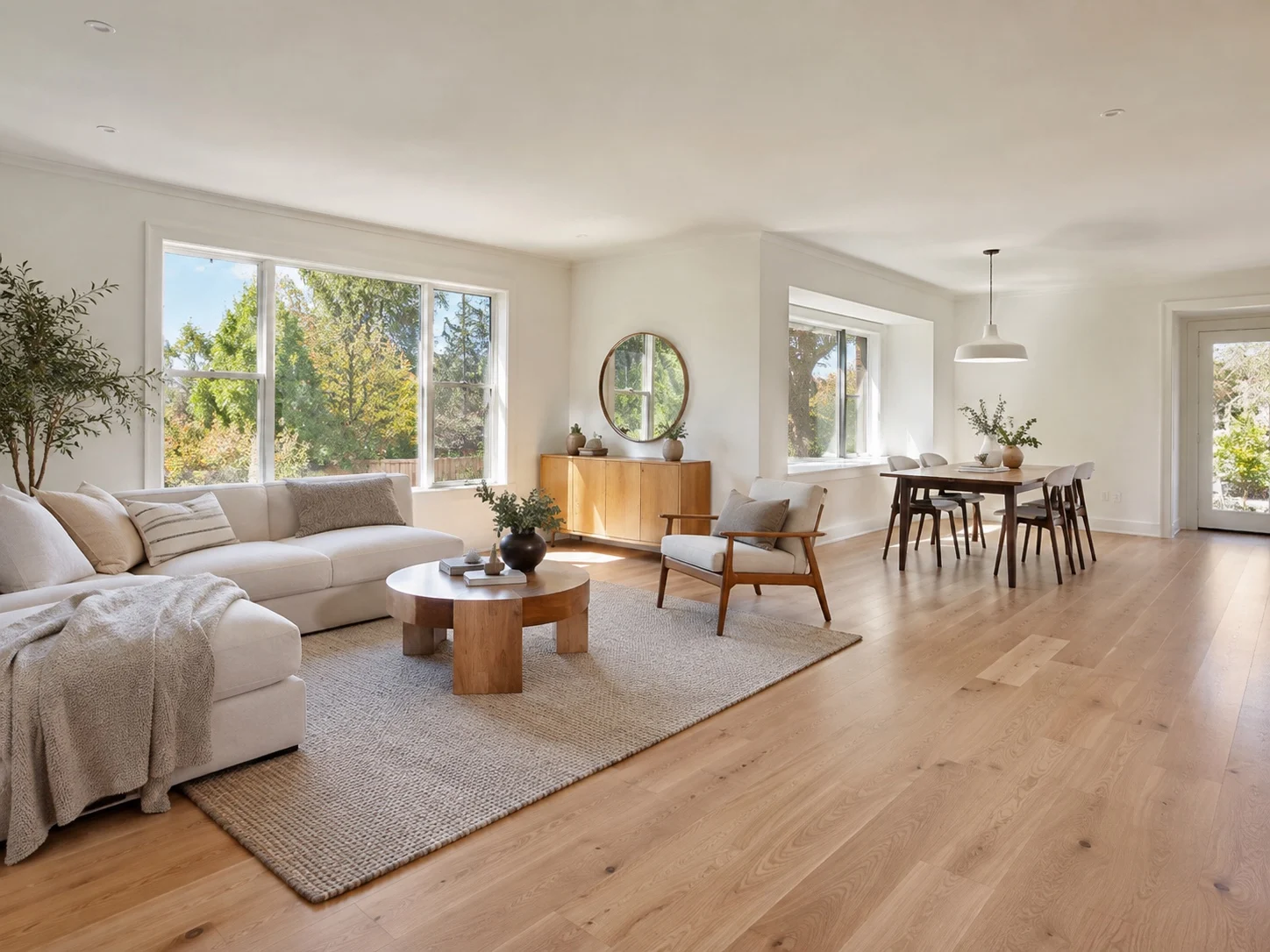 Bright living room with continuous oak flooring
