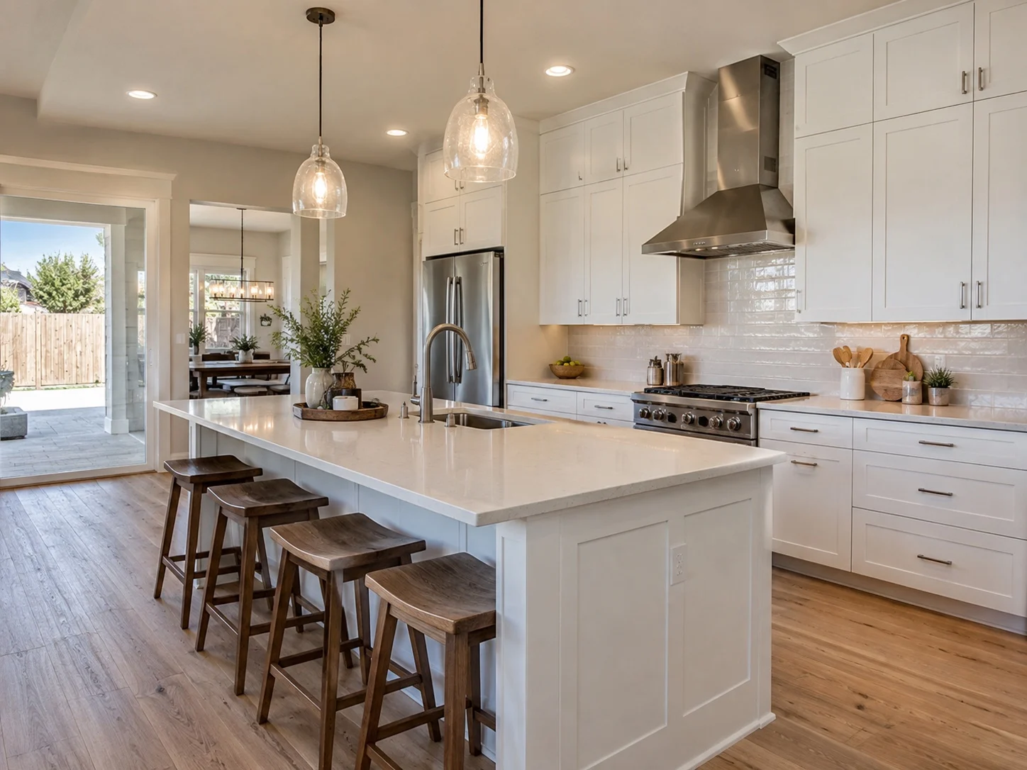 White shaker kitchen with quartz island and durable finishes