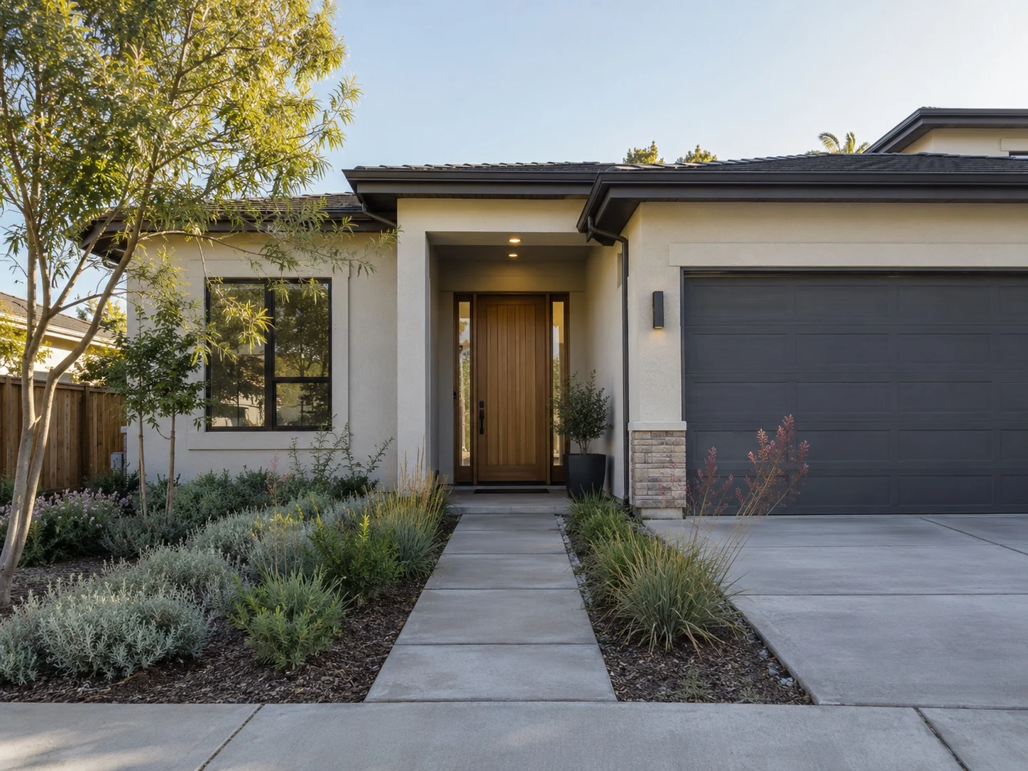 Completed front walkway, driveway and low-water landscaping