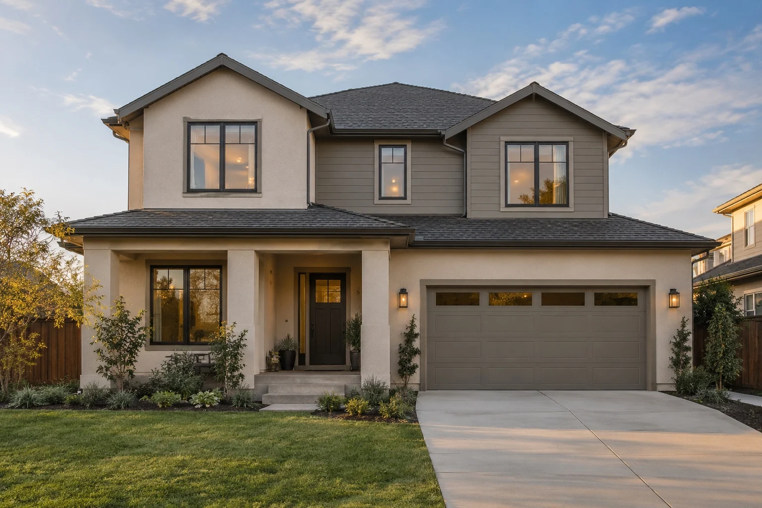 Completed two-story California home with finished driveway