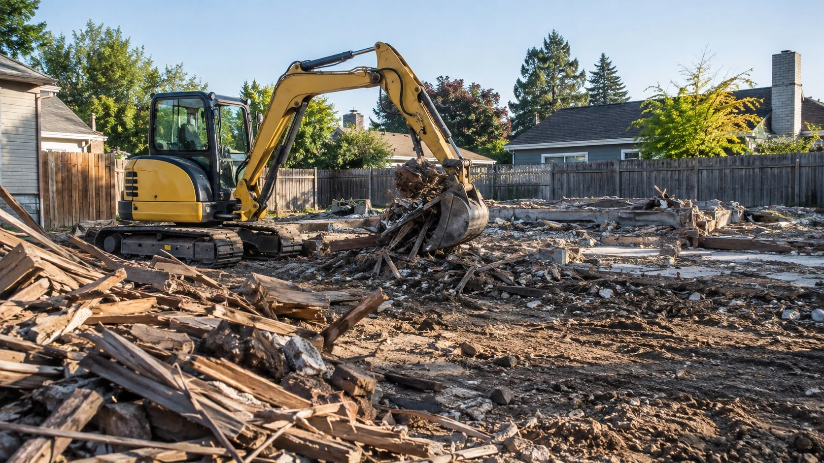 Excavator clearing an old house site for rebuilding