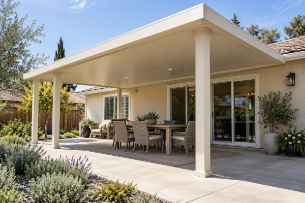 White patio cover over dining chairs on a concrete patio