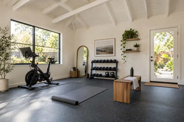 Converted garage home gym with an exercise bike