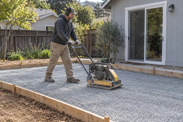 Worker compacting the gravel base for a concrete patio